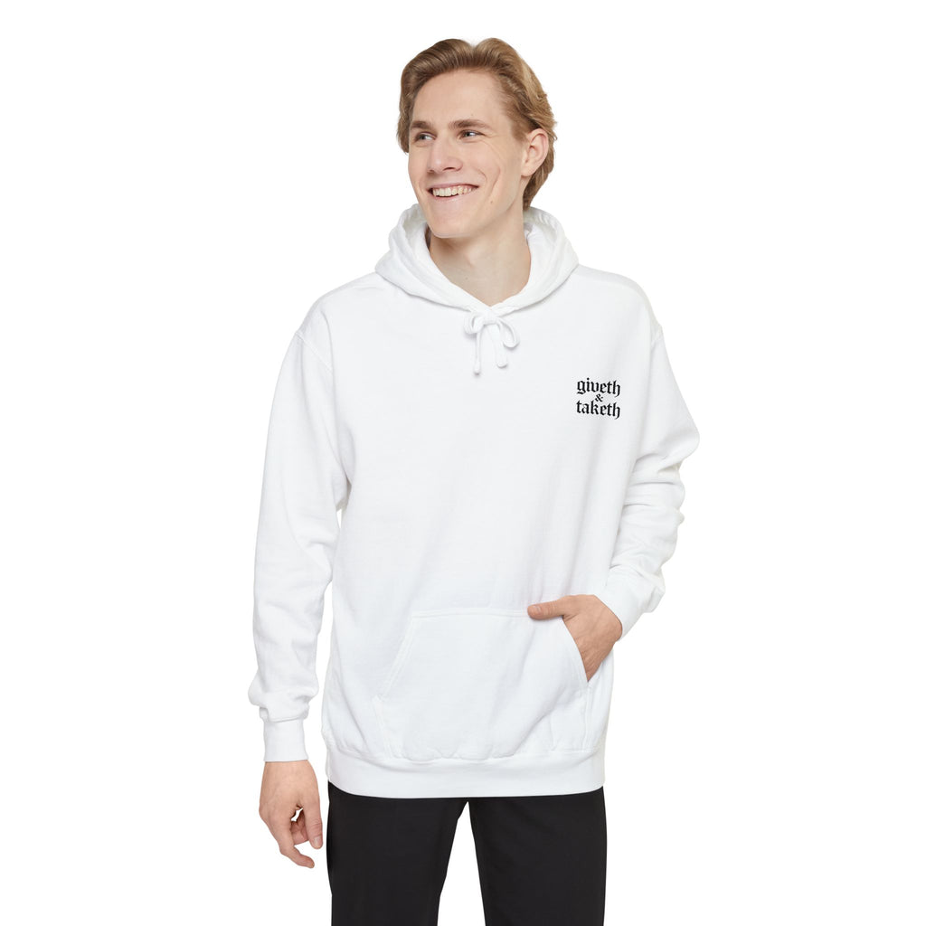 Minimalist 'Giveth & Taketh' White Hoodie — Cozy Casual Streetwear