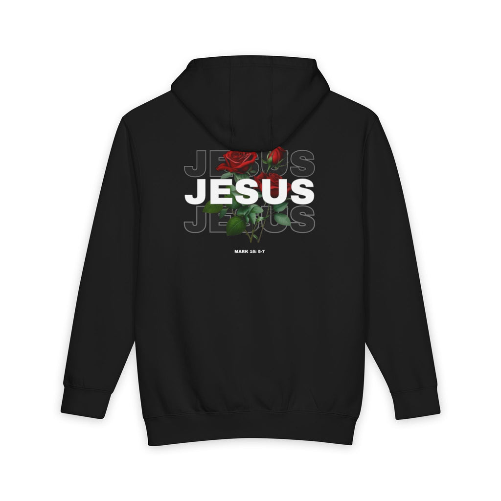 Jesus Rose Hoodie — Floral Faith Pullover with Scripture (Mark 10:14)