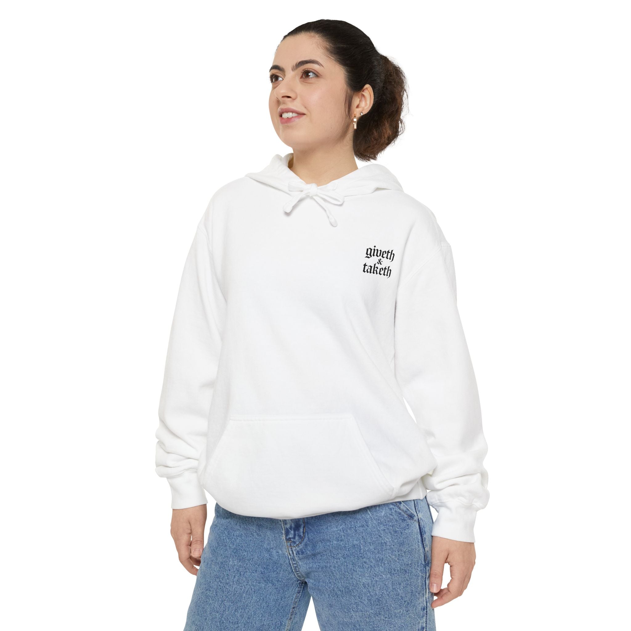 Minimalist 'Giveth & Taketh' White Hoodie — Cozy Casual Streetwear