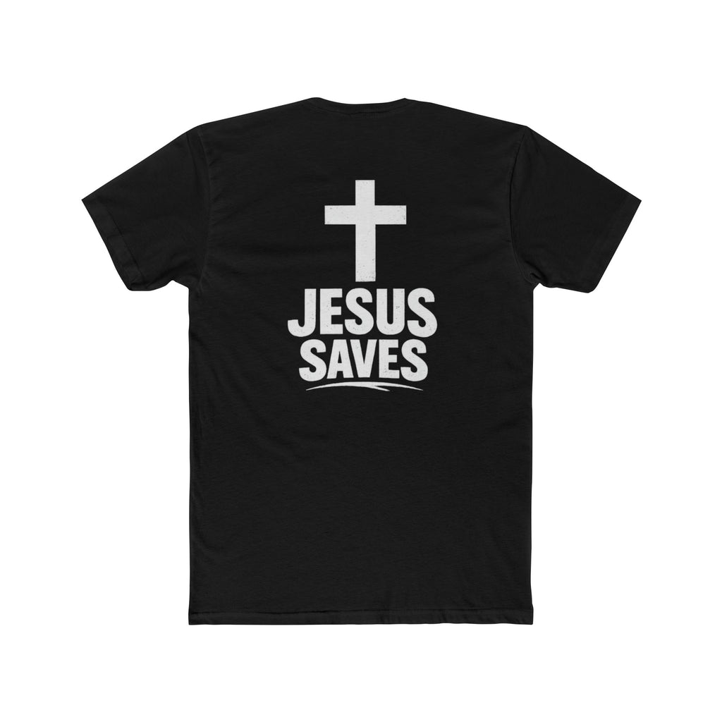 T-Shirt — "giveth taketh" Front, "Jesus Saves" Cross Back Christian Graphic Tee