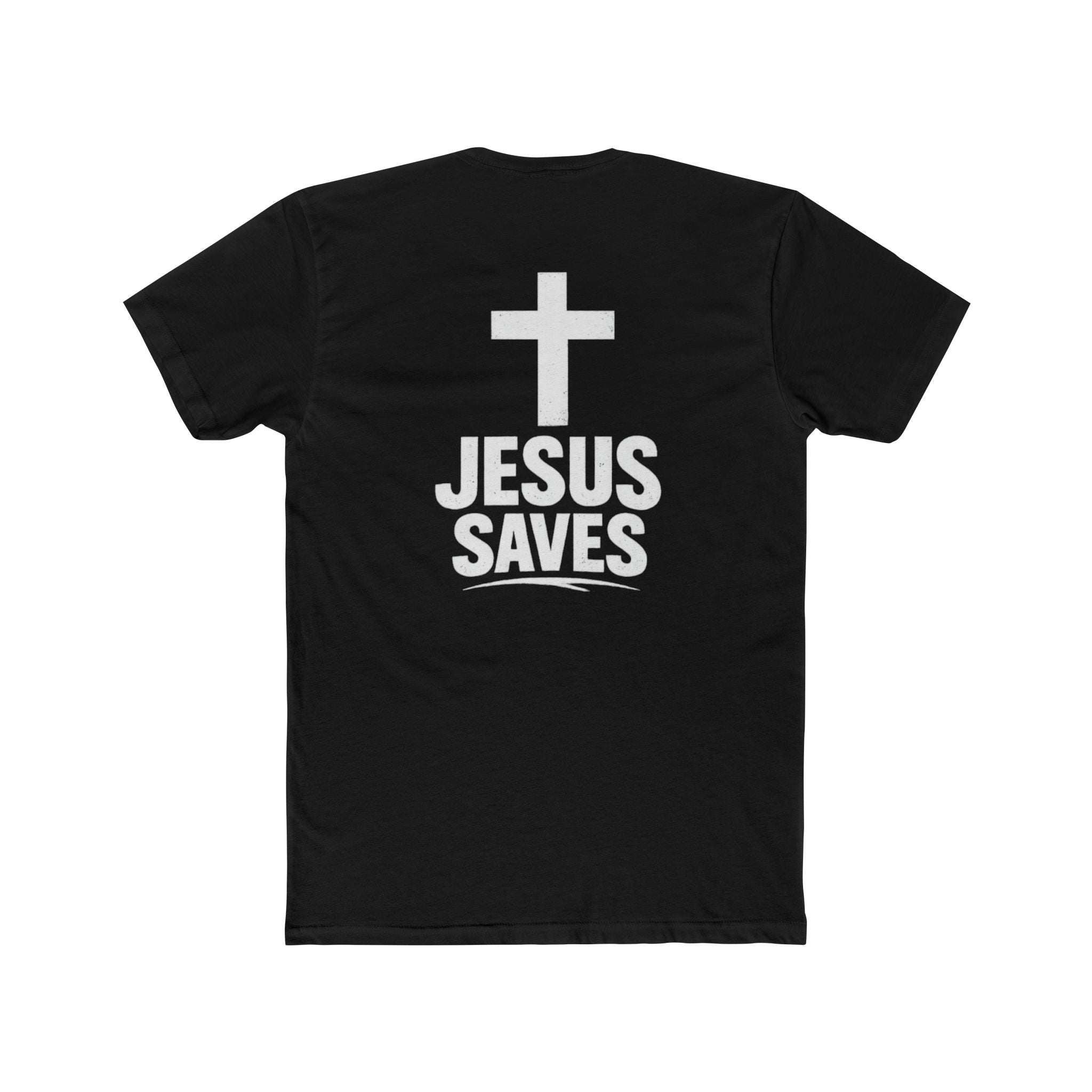 T-Shirt — "giveth taketh" Front, "Jesus Saves" Cross Back Christian Graphic Tee