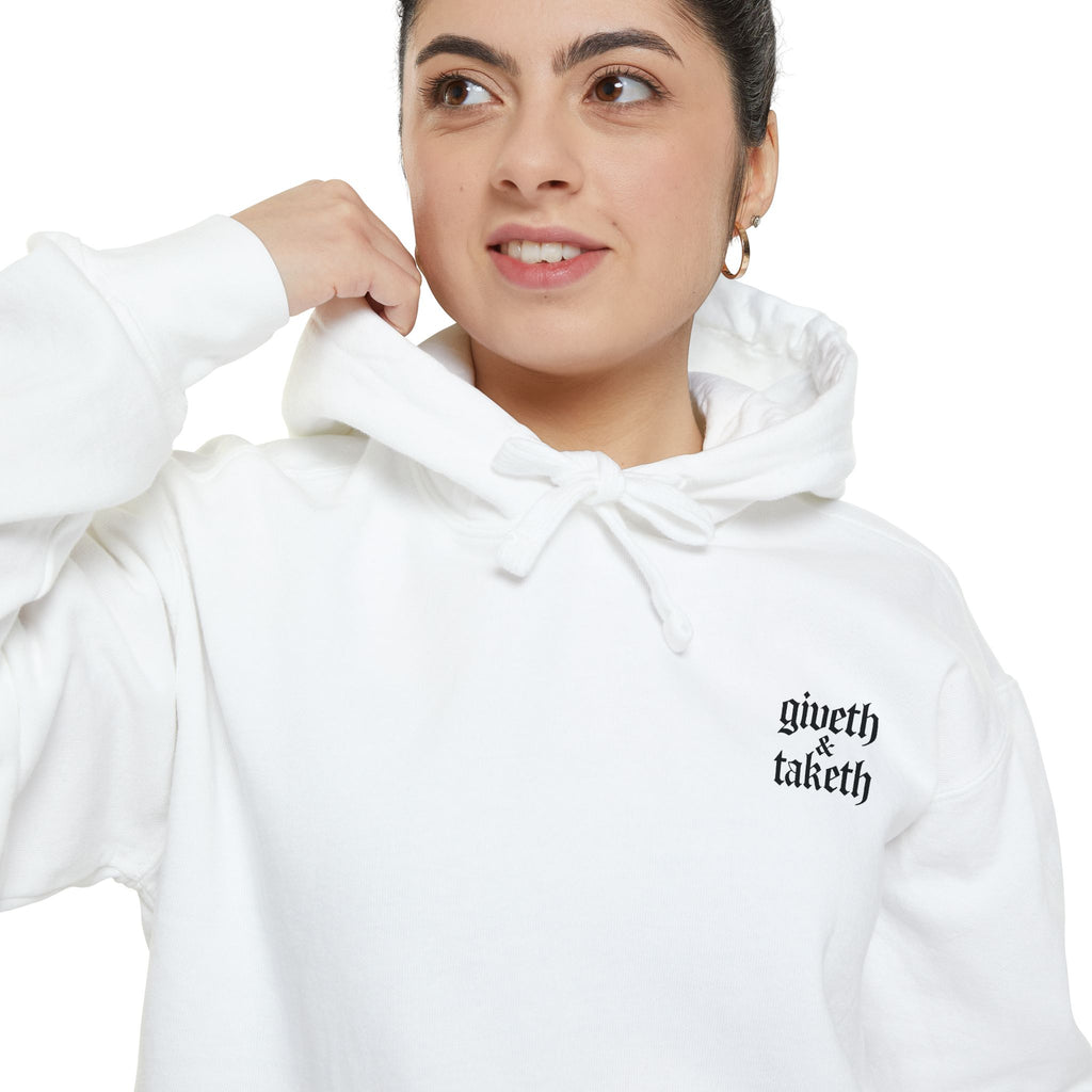 Minimalist 'Giveth & Taketh' White Hoodie — Cozy Casual Streetwear