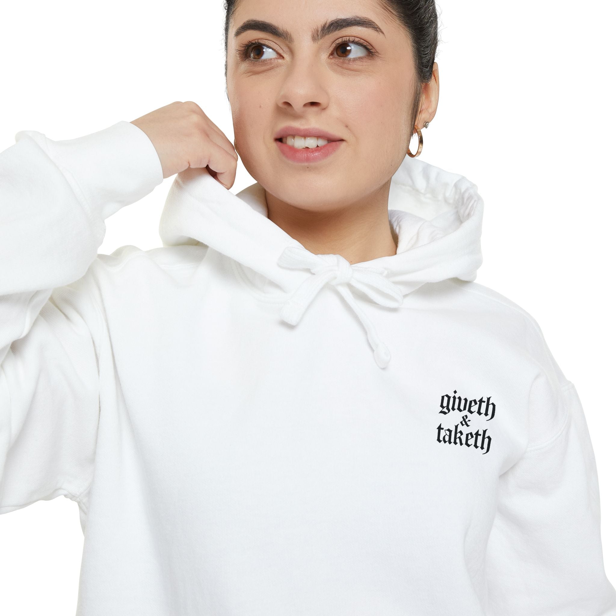 Minimalist 'Giveth & Taketh' White Hoodie — Cozy Casual Streetwear