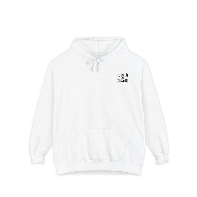 Minimalist 'Giveth & Taketh' White Hoodie — Cozy Casual Streetwear