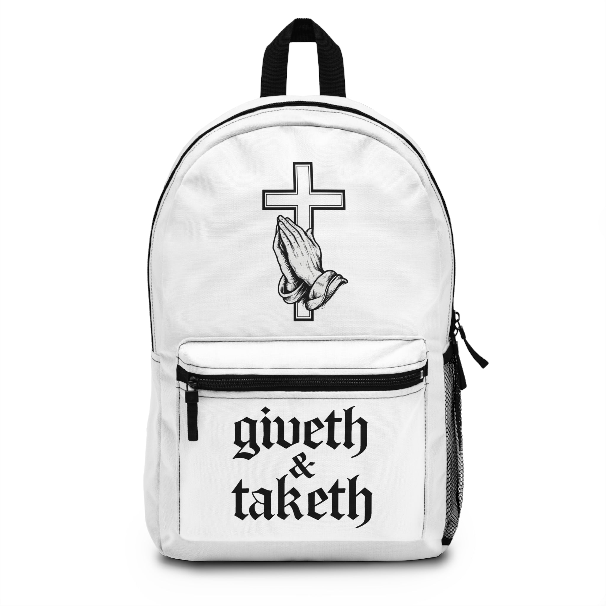 Religious Prayer Cross Backpack — "giveth & taketh" Faith Bag